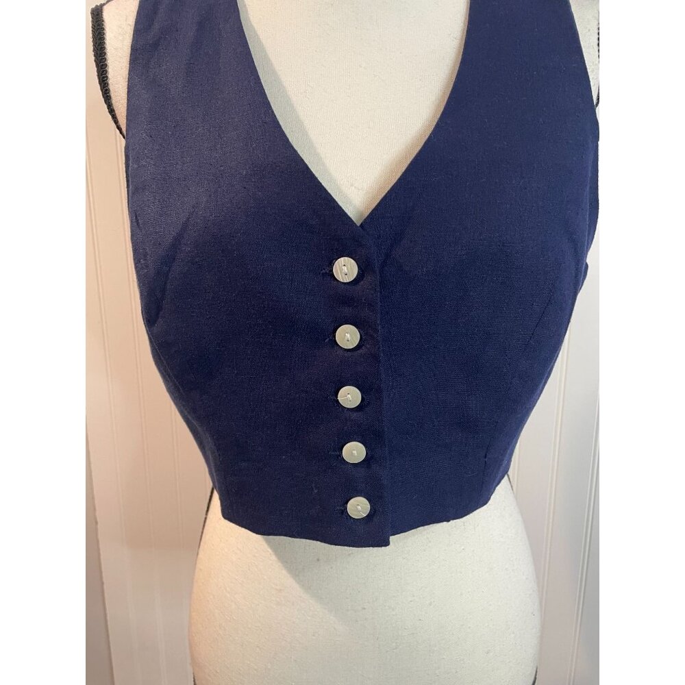 Christian Siriano Linen Blend Cropped Vest Top Navy Blue size10 NWT